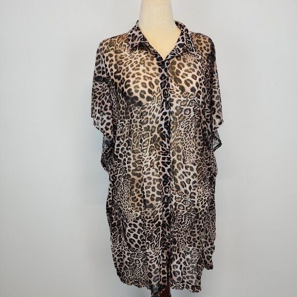Sea Level Swim Leopard Print Mesh Coverup Beach Shirt Womens Medium Wildside - Picture 1 of 13
